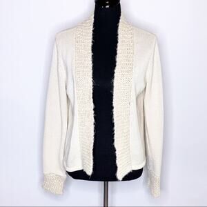 Magaschoni cream wool blend open front cardigan camel hair trim size Medium